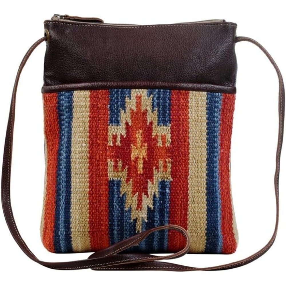 Aztec Purse for Women Light Blue Canvas Leather Zipper Crossbody Bag